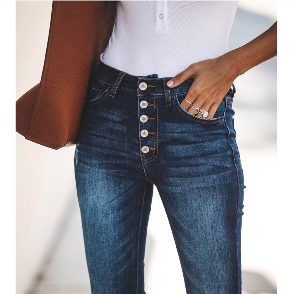 High Waisted Button Front Skinny Jeans - Picture 4 of 5